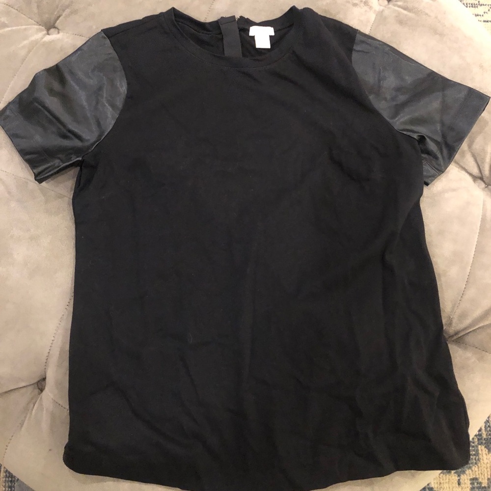 JCrew factory top with leather sleeve detail